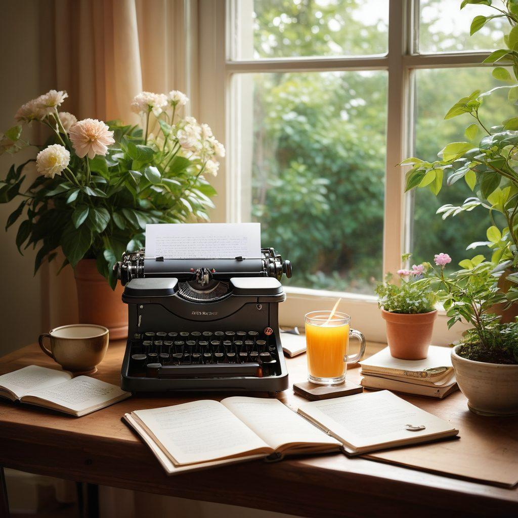 A cozy, inviting writing nook featuring a vintage typewriter, scattered notebooks, and a steaming cup of tea. In the background, a window reveals a tranquil garden, symbolizing growth and inspiration. The scene captures the essence of creativity and transformation, with soft sunlight filtering through the window illuminating the space. warm tones with a touch of whimsy. super-realistic. vibrant colors. natural light.
