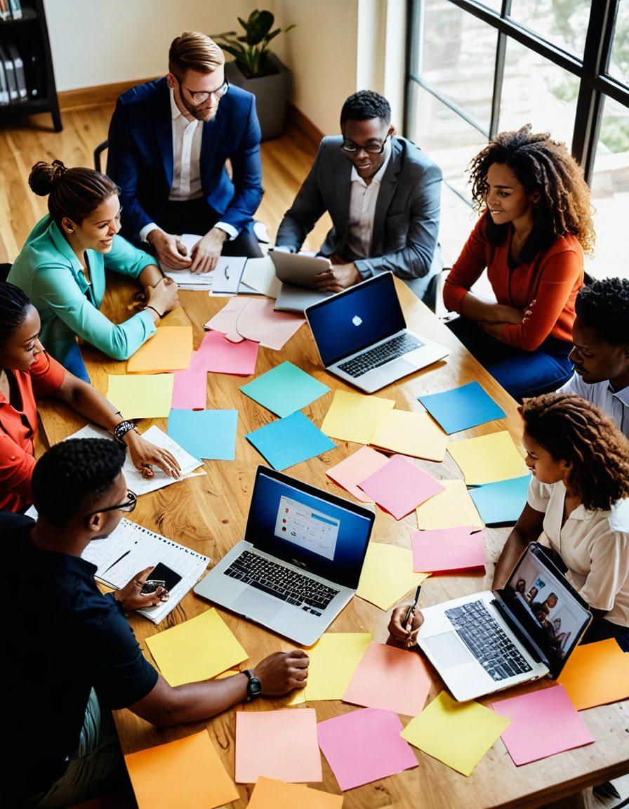 A diverse group of people sitting around a large table, actively engaging in a brainstorming session with laptops and coffee cups, colorful sticky notes scattered around, representing connection and collaboration. Warm inviting colors radiate community spirit, with a soft-focus background showcasing a warm, welcoming office space. super-realistic. vibrant colors. soft focus.