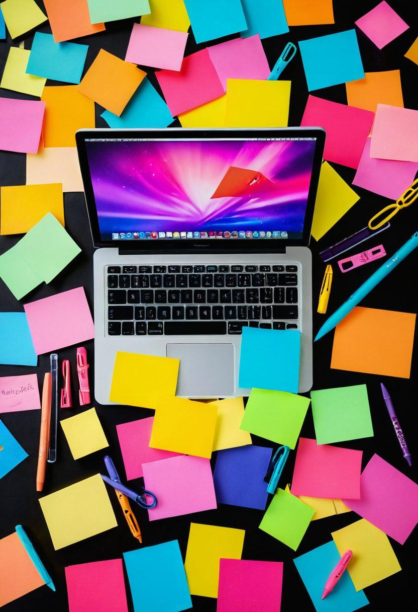 A whimsical digital diary with pages slightly open, surrounded by colorful sticky notes and pens. In the backdrop, a glowing key symbolizes unlocking secrets, accompanied by soft light beams representing inspiration. A laptop with a blogging interface is included, hinting at the digital journey. The atmosphere is warm and inviting, encouraging creativity. vibrant colors. super-realistic.